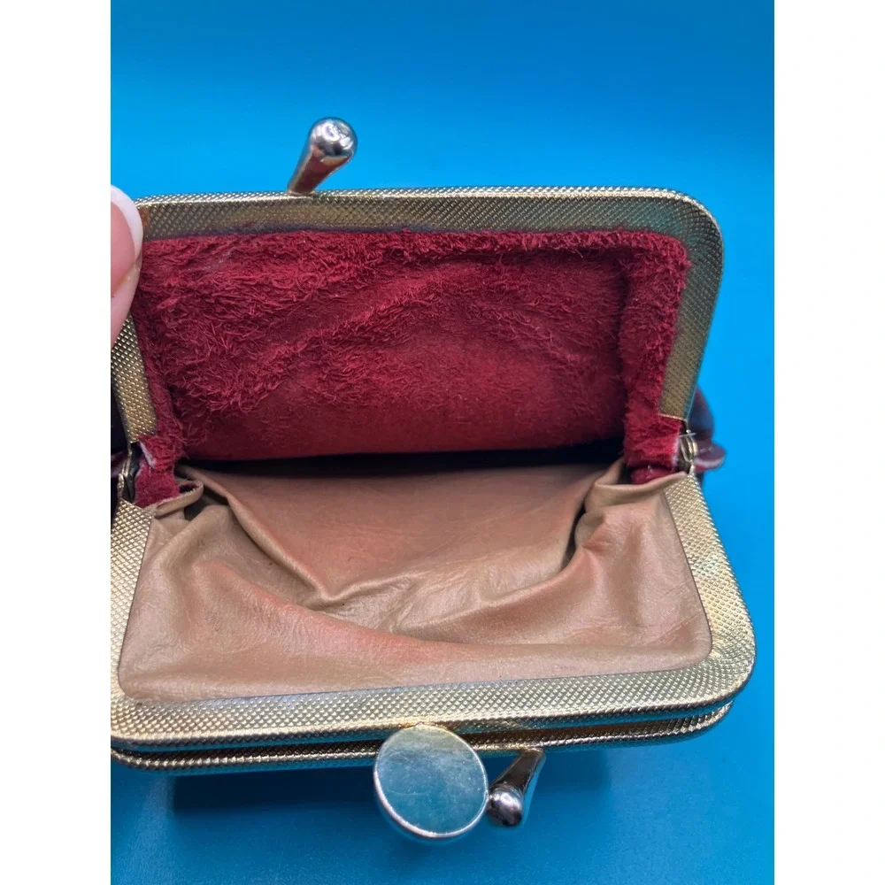 Coin Purse Women Small Brown Genuine Leather Double Kiss Lock Clasp